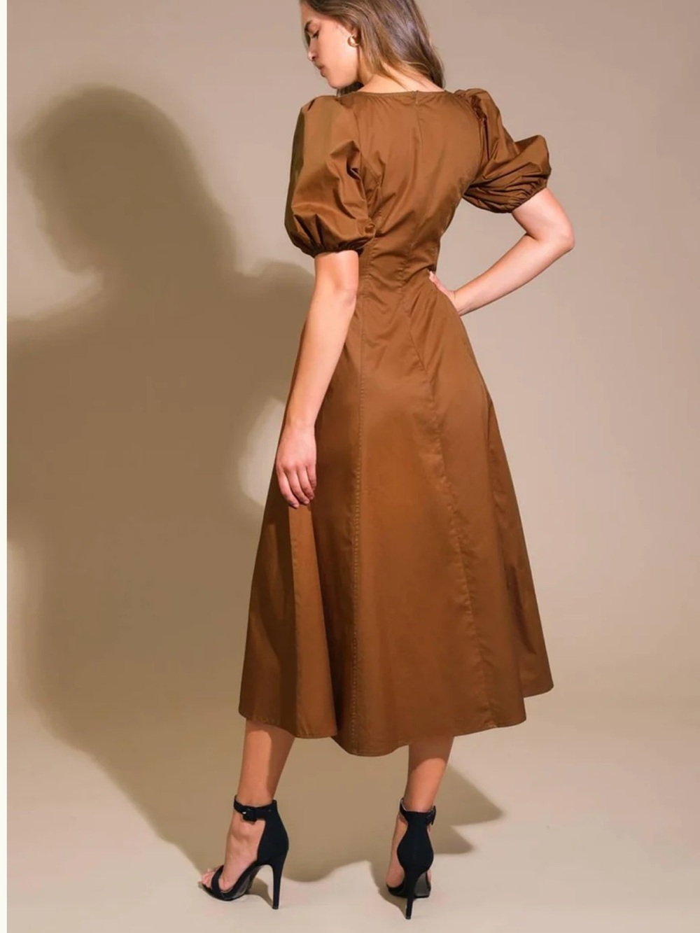 Flying Tomato Brown Square-Neck Midi Dress with Puff Sleeves size M